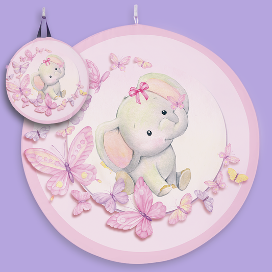 Elefante rosa bebé y mariposas